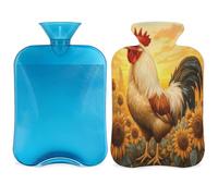 Rooster Sunflower Hot Water Bottle with Cover, Chicken Flower 2L Hot Water Bag for Pain Relief, Neck and Shoulder, Hand Feet Warmer