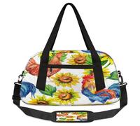 Rooster Sunflower Kids Overnight Duffle Bags for Girls Boys, Rooster Hen Lightweight Sports Gym Bag for Kids，Small Overnight Weekender Carry on Travel Bags Dance Bag, Rooster Sunflower, 18.5L x 7.8W x