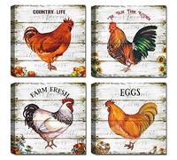 Rooster Wall Art,Rustic Hen Kitchen Decor,Chicken Print Pictures,Dining Living Room Farmhouse Bedroom Canvas,Set of 4,Wood Background Printed Paintings Artwork for Home Wall Decorations,Poster Gifts