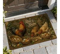 Rooster Welcome Door Mat, Farmhouse Rustic Chickens Eggs Spring Brown Washable Low Profile Back Doormat Entryway Decor for Front Porch Bathroom Office 29x17 Inch