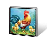 Rooster with Chickens Painting Square Badge Funny Button Pins Brooch
