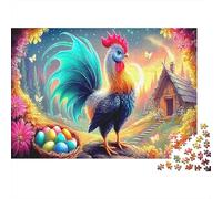 Rooster with Chicks 1000 Pieces Jigsaw Puzzles for Adults & Teens, Thick Non-Reflective Paper, Rooster Easter Eggs, Fun Brain Teaser, Mental Workout for Concentration & Memory 70x50cm/1000pcs