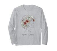 Rooted and Free Line Art Floral Afro Women's Juneteenth Long Sleeve T-Shirt