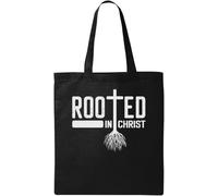 Rooted in Christ Christian Cross Roots Graphic Natural Ecological Cotton Tote Bag Black