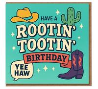 Rootin' Tootin' Birthday Card - Funny Western Cowboy Hat, Cactus and Boot, 'Yee Haw' Speech Bubble