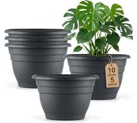 RooTrimmer 5-Pack 10 inch Plastic Planters, Round Flower Pots with Drainage Holes, Thick Sturdy Traditional Garden Pots Indoor and Outdoor(Dark Gray)