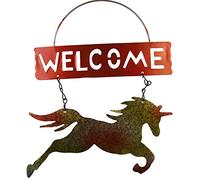 Roots & Shoots Welcome Pretty Garden Metallic Unicorn Tin Hanging Sign Plaque - Yellow