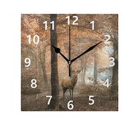 Rootti Art Square Clock Deer Forest Pattern Silent Non Ticking 20cm Wall Clocks Decoration For Home Bedroom Living Room Kitchen Office Lounge Decor