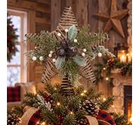 Roowest 10 Inch Metal Christmas Star Tree Topper Large Rustic Tree Topper Farmhouse Hollow Star Rattan Designed with Bells Pine Needles Snow Frost for Xmas Holiday Party Indoor Decorations