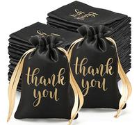 Roowest 100 Pcs Thank You Satin Gift Bags Drawstring Jewelry Candy Pouches for Wedding Bridal Shower Baby Shower Favor Drawstring Bag for Birthday Holiday Party(6 x 9 Inch,Black)