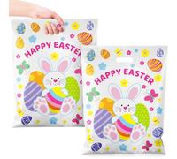 Roowest 12 Pcs Extra Large Easter Plastic Gift Bags with Handles 15.7 x 19.7 Inch Happy Bunny Egg Goodie Treat Candy Bags Bulk for Easter Spring Activity Party Favors Supplies