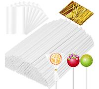 Roowest 1600 Pcs Cake Pop Sticks and Wrappers Kit Including 400 Cake Pop Sticks 400 Clear Candy Treat Bags 800 Gold Metallic Twist Ties for Candy Cake Pops Chocolate Suckers Making