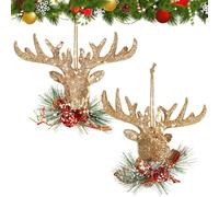 Roowest 2 Pcs Christmas Reindeer Head Ornament Glitter Holiday Deer Decor with Red Bow Statue Artificial Champagne Gold Glittered Reindeer Head Ornaments Hanging Tree Decorations