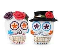 Roowest 2 Pcs Sugar Skull Couple Decor Day of the Dead Resin Figurines Dia De Los Muertos Gifts Multicolor Floral Skeleton Ofrenda Altar Table Top Decorations for Home Halloween Tiered Tray Desk Decor
