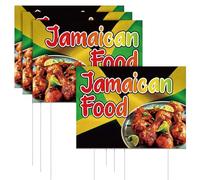 Roowest 3 Pack Jamaican Food Signs Double-sided 15.8 x 11.8 Inch Corrugated Plastic Jamaican Party Food Signs with Stakes, Outdoor Themed Decor for Jerk Chicken, Rum Punch & Caribbean Festival