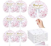Roowest 48 Pcs Wedding Hand Fans for Guests Bulk Floral Folding Handheld Paper Fans with Handle Wedding Favor Thank You for Celebrating with Us Bridal Shower Ceremony Party(Pink)