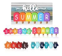 Roowest 5 Pcs Hello Spring Interchangeable Sign Seasonal Sign Summer Fall Winter Tiered Tray Decor 5.9 x 3 Inch Wooden 4 Seasons Farmhouse Table Centerpiece Decoration for Home Shelf Office(Retro)