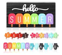 Roowest 5 Pcs Hello Spring Interchangeable Sign Seasonal Sign Summer Fall Winter Tiered Tray Decor 5.9 x 3 Inch Wooden 4 Seasons Farmhouse Table Centerpiece Decoration for Home Shelf Office(Basic)