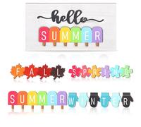 Roowest 5 Pcs Hello Summer Interchangeable Sign Seasonal Sign Fall Winter Spring Tiered Tray Decor 5.9 x 3 Inch Wooden 4 Seasons Farmhouse Table Centerpiece Decoration for Home Shelf Office(Fresh)