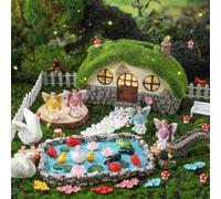Roowest 57 Pcs Solar Fairy House Garden Accessories Light up Mushroom House Resin Fairy Figures Garden Kit Resin Miniature Fish Pond Figures Micro Landscape Outdoor Decoration