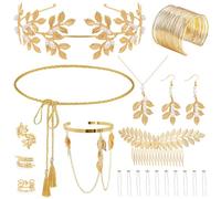 ROPCIA 21PCS Greek Goddess Costume Accessories Set, Golden Laurel Leaf Crown, Artificial Leaf Drop Earrings, Necklace, Hairpin, Headpiece, Toga Waist Belt, Bracelet, Laurel Leaf Armband, Rings