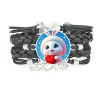 Rope Charm Big Eyes Rabbit Love Adjustable Leather Braided Bracelet Black