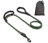 Rope Dog Lead, Green Strong Leash, 2 Padded Handles 5 FT - Medium, Large Dogs - Reflective, Weather Resistant.