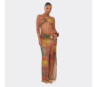 Rope Halterneck Trim Detail Cut Out Side Split Maxi Dress In Multi Abstract Print Mesh, Women's Size UK 10