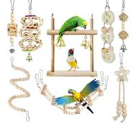 Rope Ladder Bell Bird Cage Toys, Parakeet Toys, Parrot Natural Wood Hanging Swing Standing Climbing Chewing Perch Hammock for Parrots Love Birds Parakeet Mynah Conure Cockatiel Budgies (8Pcs)