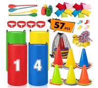 ropoda 57PCS Field Day Games, Outdoor Carnival Games Bean Bags, Soft Plastic Cones,Ring Toss Set,Potato Sack Race Bags for Adults and Kids, Egg and Spoon Race, Outdoor Games Easter