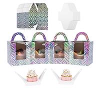 Roponan 30 Pieces Single Cupcake Boxes, Paper Bakery Boxes, Individual Cupcake Carriers with Clear Display Window, Handle and Insert (Shiny Silver)
