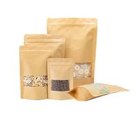 Roppolo 100 Pcs 12 x 20 Cm Stand Up Brown Kraft Paper Bags with Matte Window, Resealable Zip Lock Food Storage Bags, Reusable & Heat Sealable for Packaging