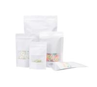 Roppolo 100 Pcs Resealable Stand Up Kraft Paper Bags, 9 x 14 Cm White Food Storage with Matte Window, Reusable Zip Lock & Heat Sealable for Packaging