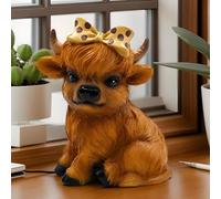 Roqalmia Highland Cow Brown, Happy Highland Cow Scottish Highland Cow Gnomes With Bowknot Resin Figurine Small Cute Brown Scottish Resin Figurine For Farmhouse Table Home Garden Decorations
