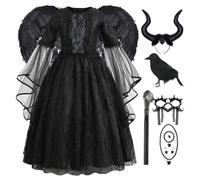 Roqalmia Queen Dress,Halloween Gothic Black Dress | Wings Headpiece Crow Wristband Necklace Set Ages 2-10 for Themed Party Cosplay Prom Wedding Graduation Birthday