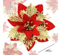 Roqueen 15 Pieces 14CM Christmas Artificial Poinsettia Flowers Glitter with Clips Stems Christmas Tree Ornaments for Wreath Party Wedding New Year Decoration (Red Golden)