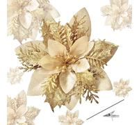 Roqueen 15 Pieces 14CM Christmas Artificial Poinsettia Flowers Glitter with Clips Stems Christmas Tree Ornaments for Wreath Party Wedding New Year Decoration (Golden)