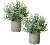 Roqueen 2 Pack Small Fake Plants Eucalyptus Potted Mini Artificial Plastic Plants for Shelf Desk Home Office Bathroom Farmhouse Room Decor (Green)