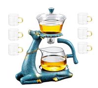 RORA Heat-Resistant Kungfu Glass Tea Set with Heater Magnetic Water Diversion Rotating Cover Bowl Lazy Semi-Automatic Deer Glass Teapot (Teapot with 6pcs Cups)