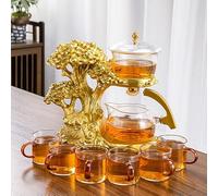 RORA Lazy Kungfu Glass Tea Set Semi Automatic Drip Rotating with Infuser Glass Teapot and 6 Cups