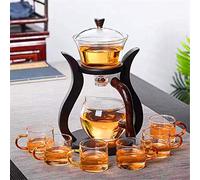 RORA Semi-Automatic Glass Teapot Suit Rotating Cover Bowl for Magnetic Water Flow Wooden Glass Teapot Set with 6 Bowls (Teapot with 6pcs Cups)