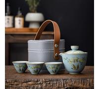 RORA Travel Tea Set - Portable Kungfu Ceramic Teapot Set with 1 Pot & 3 Cups, Calico Cat & Yellow Flowers Design, Ru Kiln Inspired, Perfect for Tea Lovers (Blue)