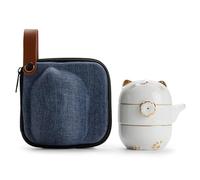 RORA Travel Tea Set with Portable Bag, Kung Fu Handmade Ceramic Teapot Set, All-in-one Teapot, 1 Pot 2 Cups, Suitable for Travel, Office and Home（White）