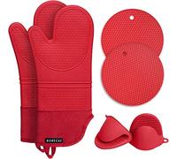 Rorecay 6pcs Oven Mitts and Pot Holders Sets for Kitchen, Extra Long Silicone Oven Gloves Heat Resistant 500 Degrees Non-Slip Potholders Hot Pads for Baking Cooking, Quilted Liner, Red