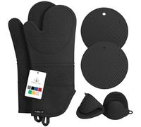 Rorecay Extra Long Oven Mitts and Pot Holders Sets: Heat Resistant Silicone Mittens with Mini Gloves Hot Pads Potholders for Kitchen Baking Cooking, Quilted Liner, Black, Pack of 6