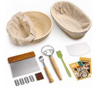 RORECAY Bread Banneton Proofing Basket Set, 9 Inch Round & 10 Inch Oval Cane Sourdough Baskets with Dough Whisk Bread Lame Dough Scraper Bowl Scraper Silicone Brush Sourdough Bread Baking Supplies