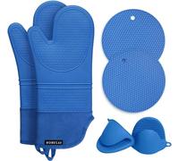 Rorecay Extra Long Oven Mitts and Pot Holders Sets: Heat Resistant Silicone Oven Mittens with Mini Oven Gloves Hot Pads Potholders for Kitchen Baking Cooking, Quilted Liner, Pack of 6 (Lake Blue)