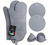 Rorecay Extra Long Oven Mitts and Pot Holders Sets: Heat Resistant Silicone Oven Mittens with Mini Oven Gloves and Hot Pads Potholders for Kitchen Baking Cooking, Quilted Liner, Gray, Pack of 6