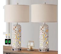 RORIANO Set of 2 Rustic Farmhouse Table Lamps for Living Room Bedroom, Vintage Bedside Lamp with Dual USB Port, Antique White Resin Retro Nightstand Lamps with Night Light, 2 Bulbs Include
