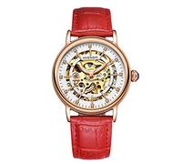 RORIOS Automatic Mechanical Watch for Women Luminous Simulated Diamond Skeleton Ladies Watches, Red B, Strap